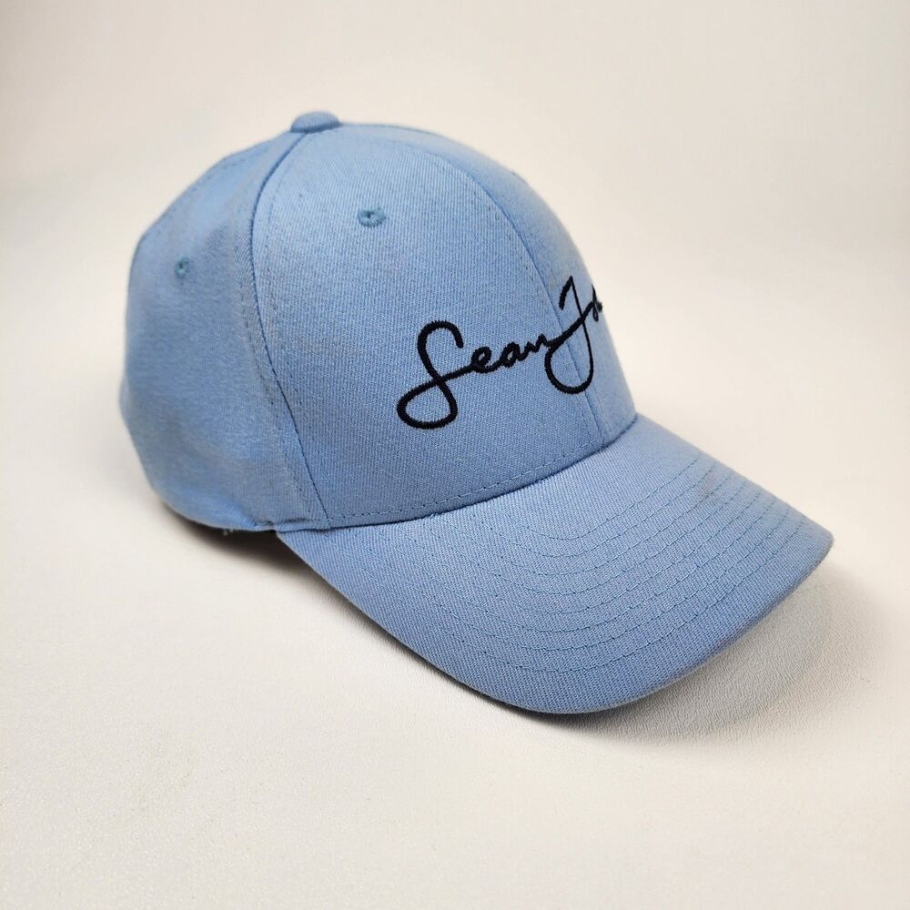 Sean John Light Blue Script Logo Baseball Cap Hat S/M FlexFit